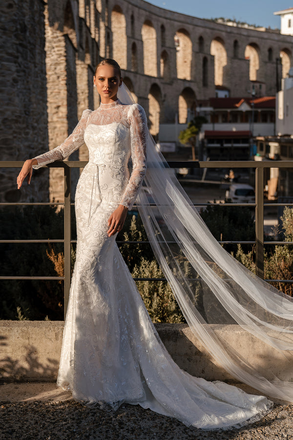 Guipure Wedding Dress with Beads & Sequins, Voluminous Long Sleeves & Train