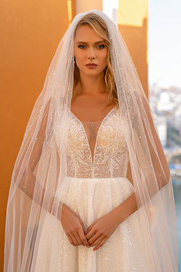 Gorgeous A-Line Wedding Dress with Embroidered Guipure, Sequins, Beaded Appliqués, and V-Neck for the Bride Who Wants to Shine