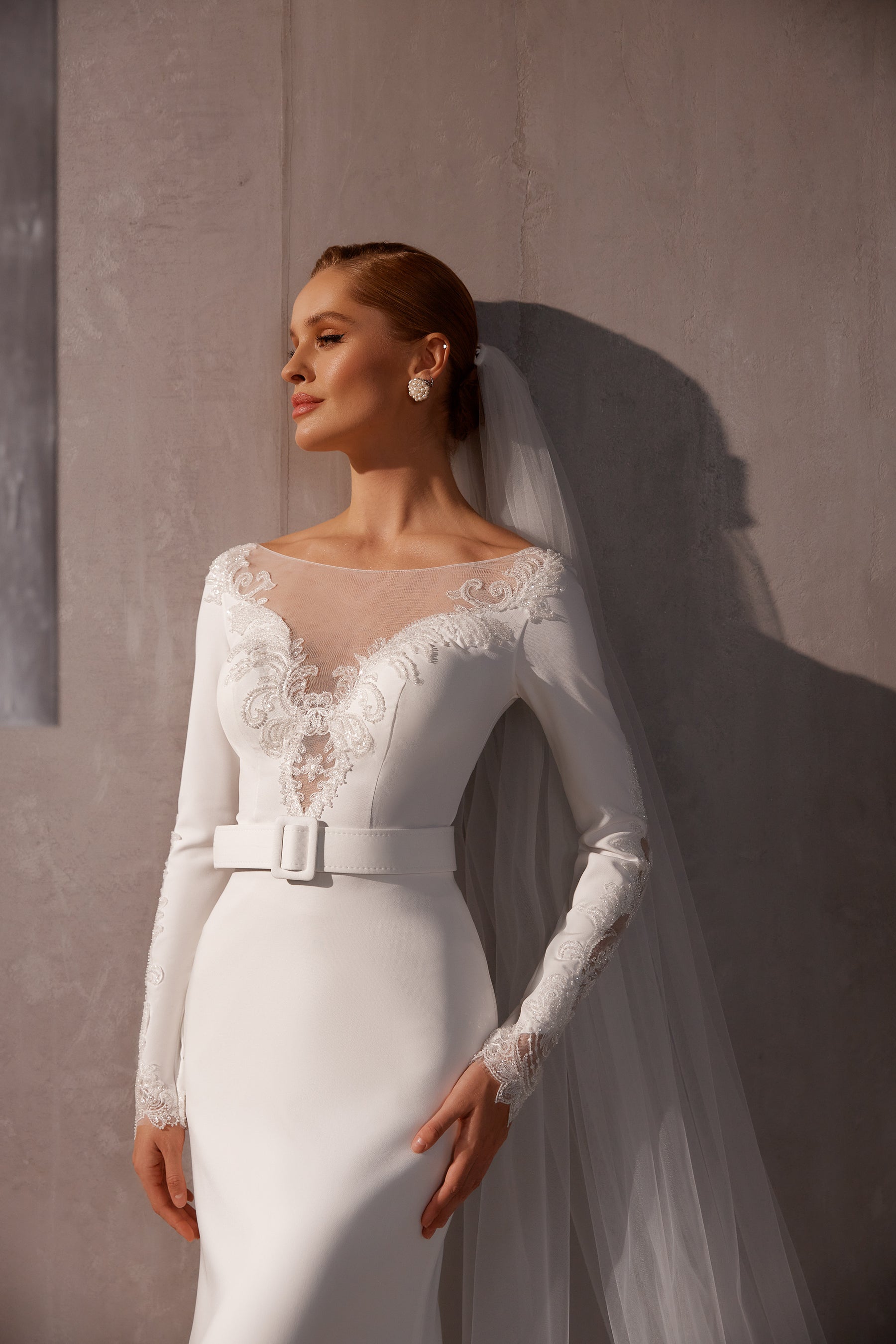 Crepe Mermaid Wedding Dress with Illusion Lace Neckline