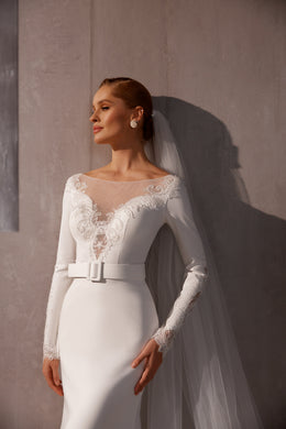 Crepe Mermaid Wedding Dress with Illusion Lace Neckline