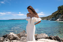 Mermaid Wedding Dress with Open Shoulders, Stretch Satin Fabric, Guipure Embroidery, Beads, Sequins and Pearls