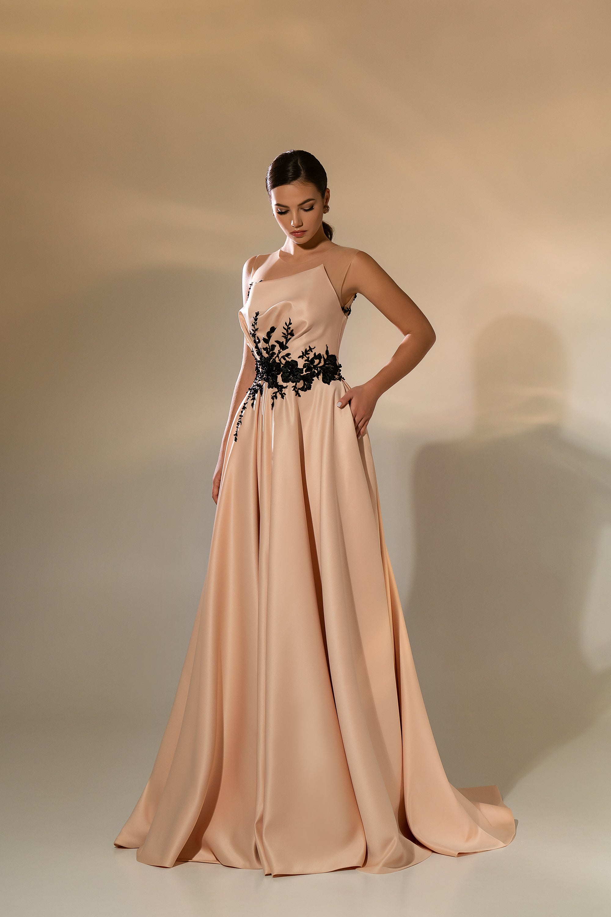 Women's Luxurious Satin Evening Dress with Embroidered Crystal Guipure and Asymmetrical Drapery