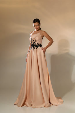 Women's Luxurious Satin Evening Dress with Embroidered Crystal Guipure and Asymmetrical Drapery