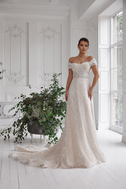 Sparkly A-Line Wedding Dress with Off-The-Shoulder Neckline
