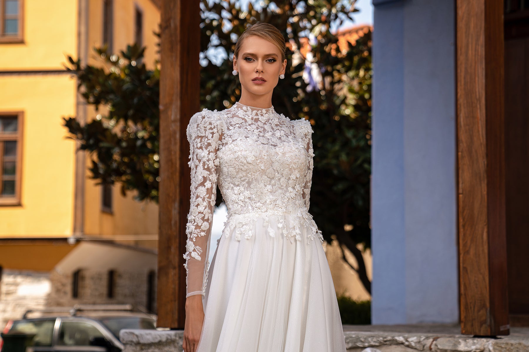 Romantic Wedding Dress with Voluminous Buttoned Sleeves and Sparkling Skirt with Train - Embroidered 3D Guipure with Beads, Rhinestones and Sequins