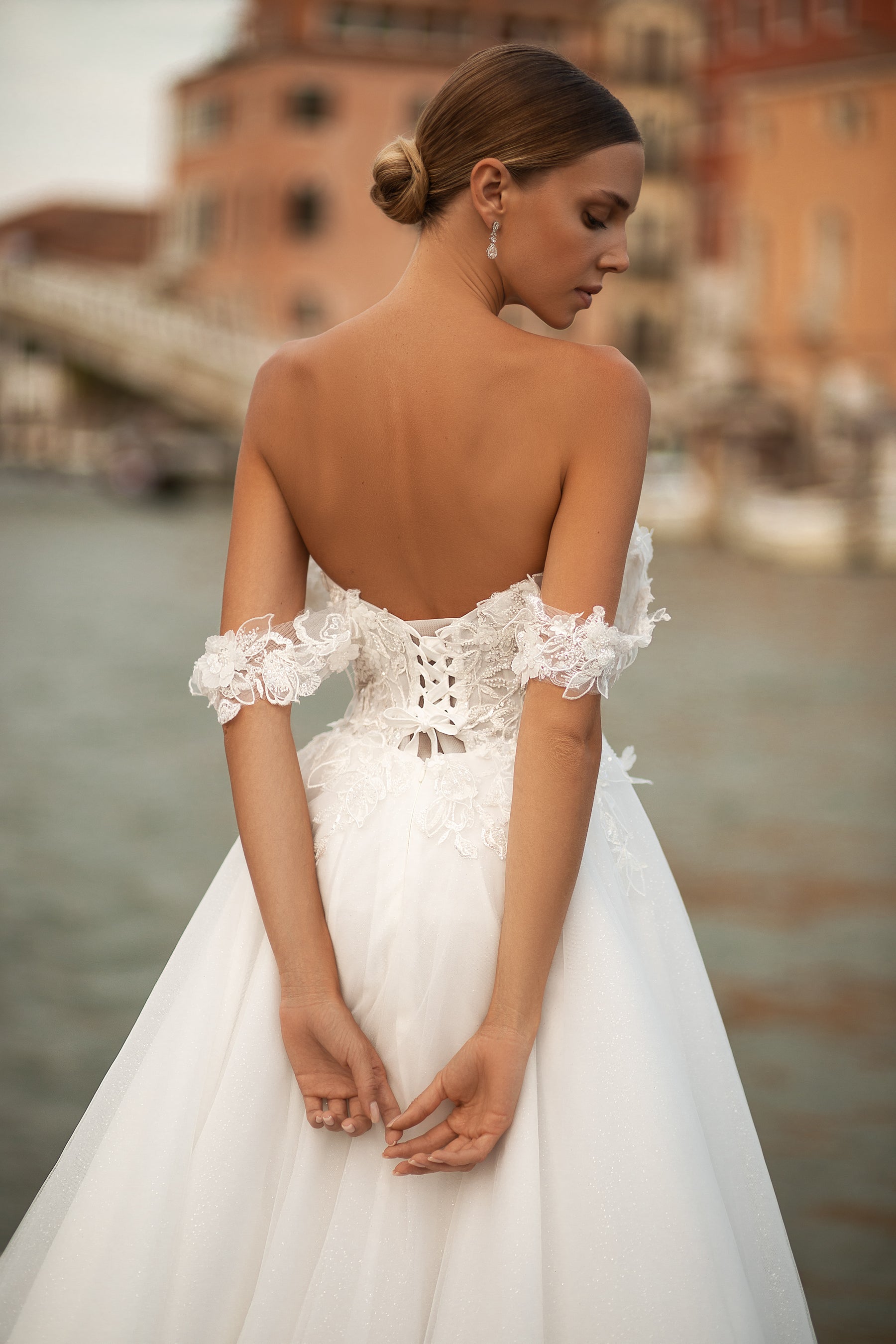 Elegant A-Line Wedding Gown with Tulle Fabric, Slit Skirt, V-Neck, Off-the-Shoulder, 3D Lace, Court Train, Lacing Back, and Low Back