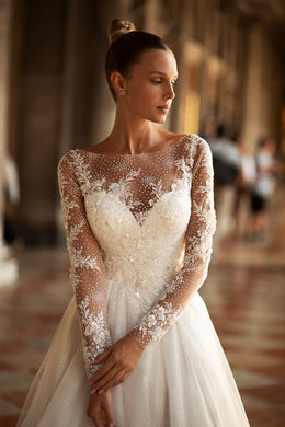 Elegant A-Line Bridal Dress with Tulle Sparkle Lace Skirt, Long Sleeves, and Nude Mesh Top
