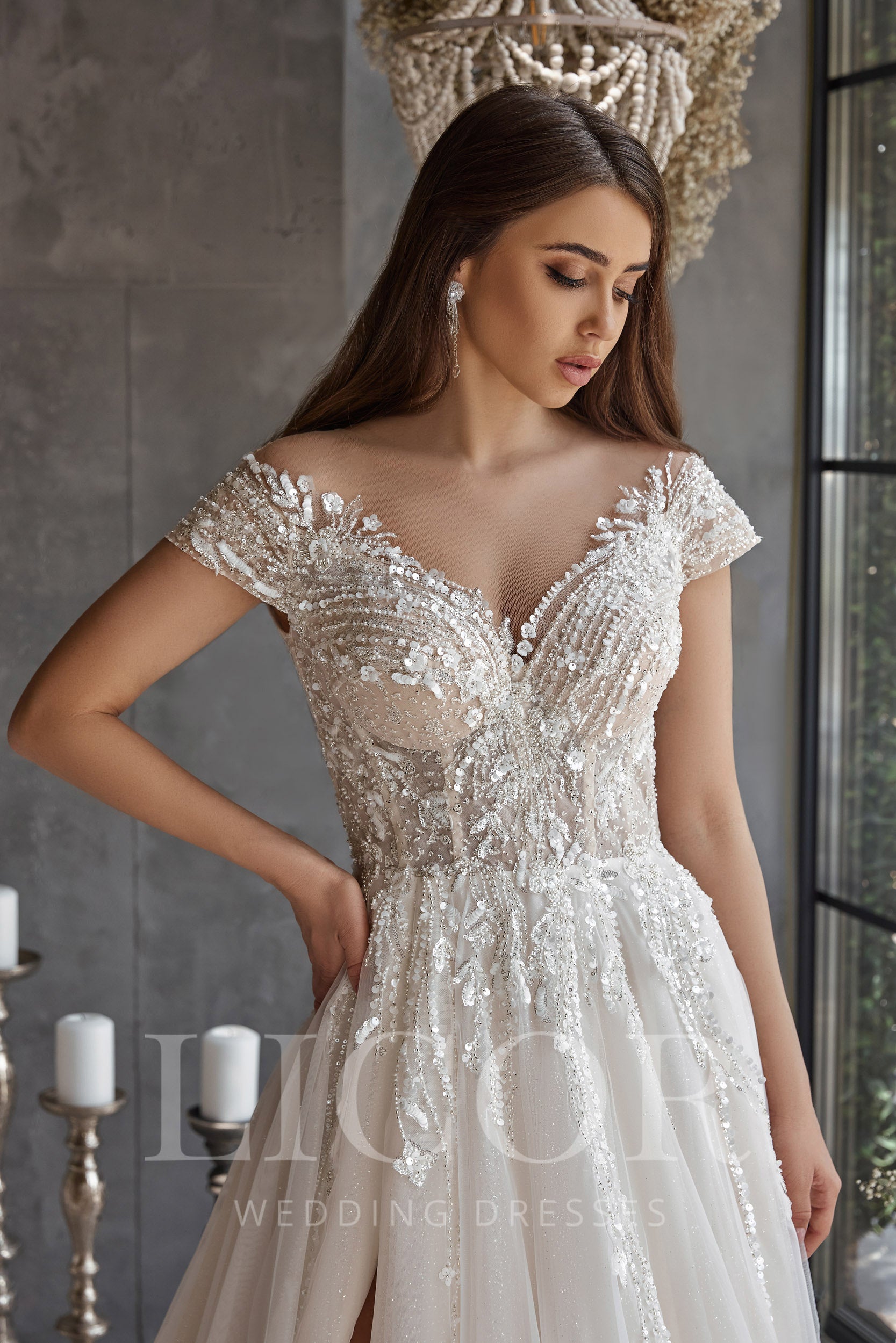 A-Line Wedding Dress With Lace Appliqués And Beading On Tulle, Illusion Off-The-Shoulder Neckline, Cathedral Train, Romantic Luxury