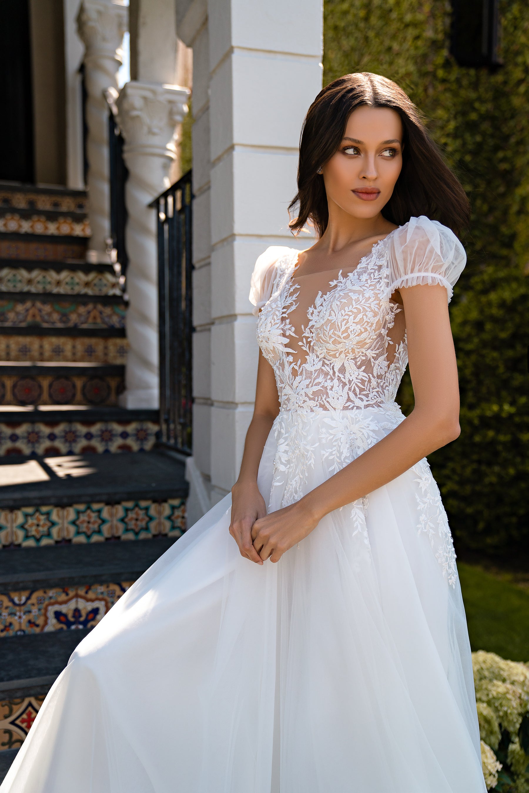 A-Line Wedding Dress with Detachable Puff Sleeves