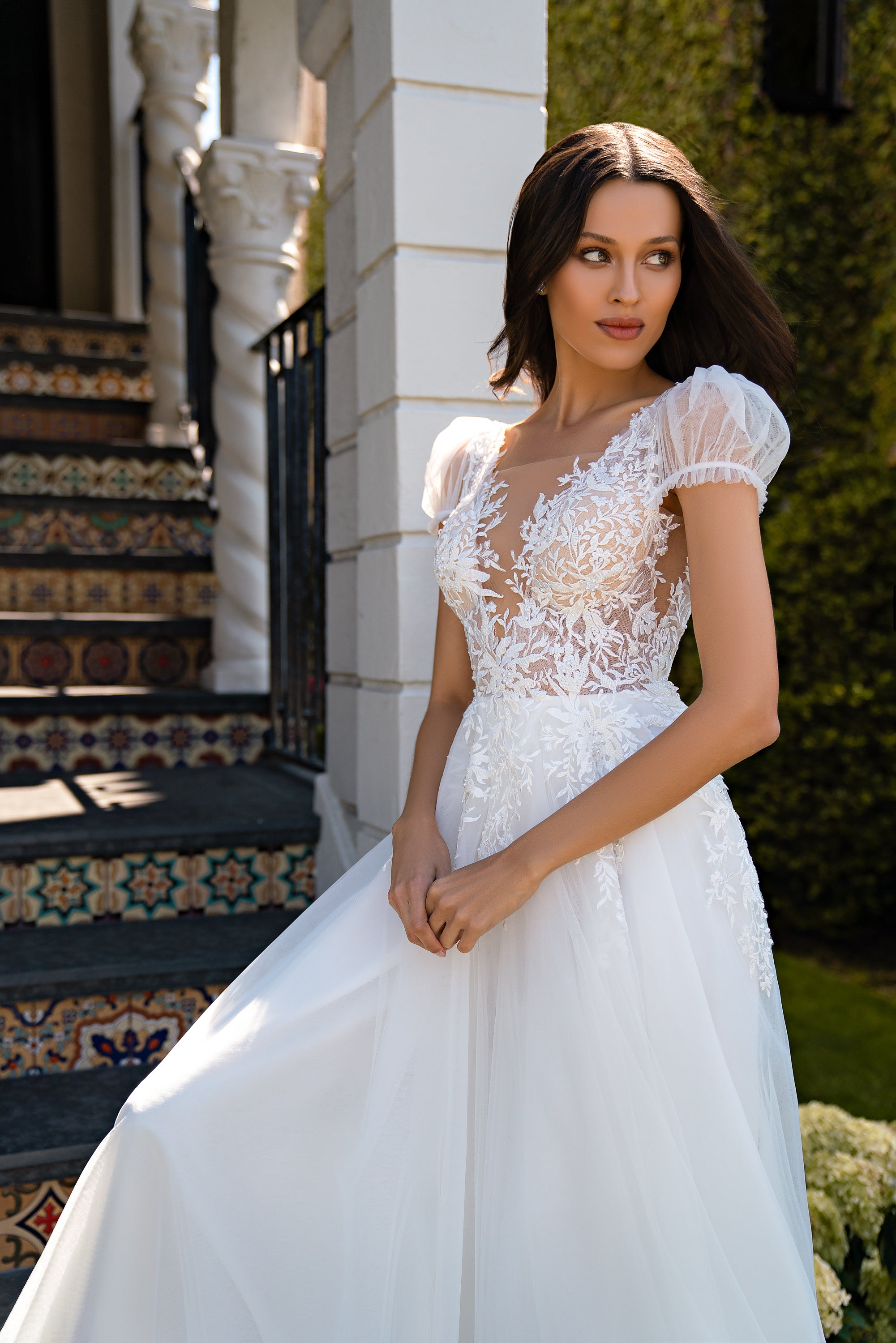 A-Line Wedding Dress with Detachable Puff Sleeves