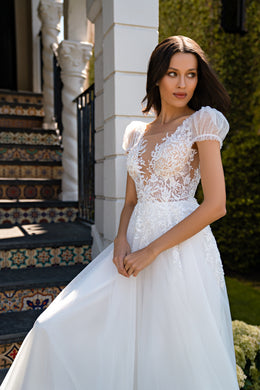 A-Line Wedding Dress with Detachable Puff Sleeves