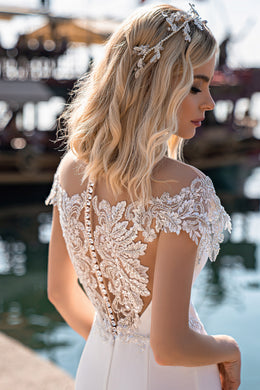 Mermaid Slit V-Neck Wedding Dress with Short Sleeves, Slit, and Beading Embellishment