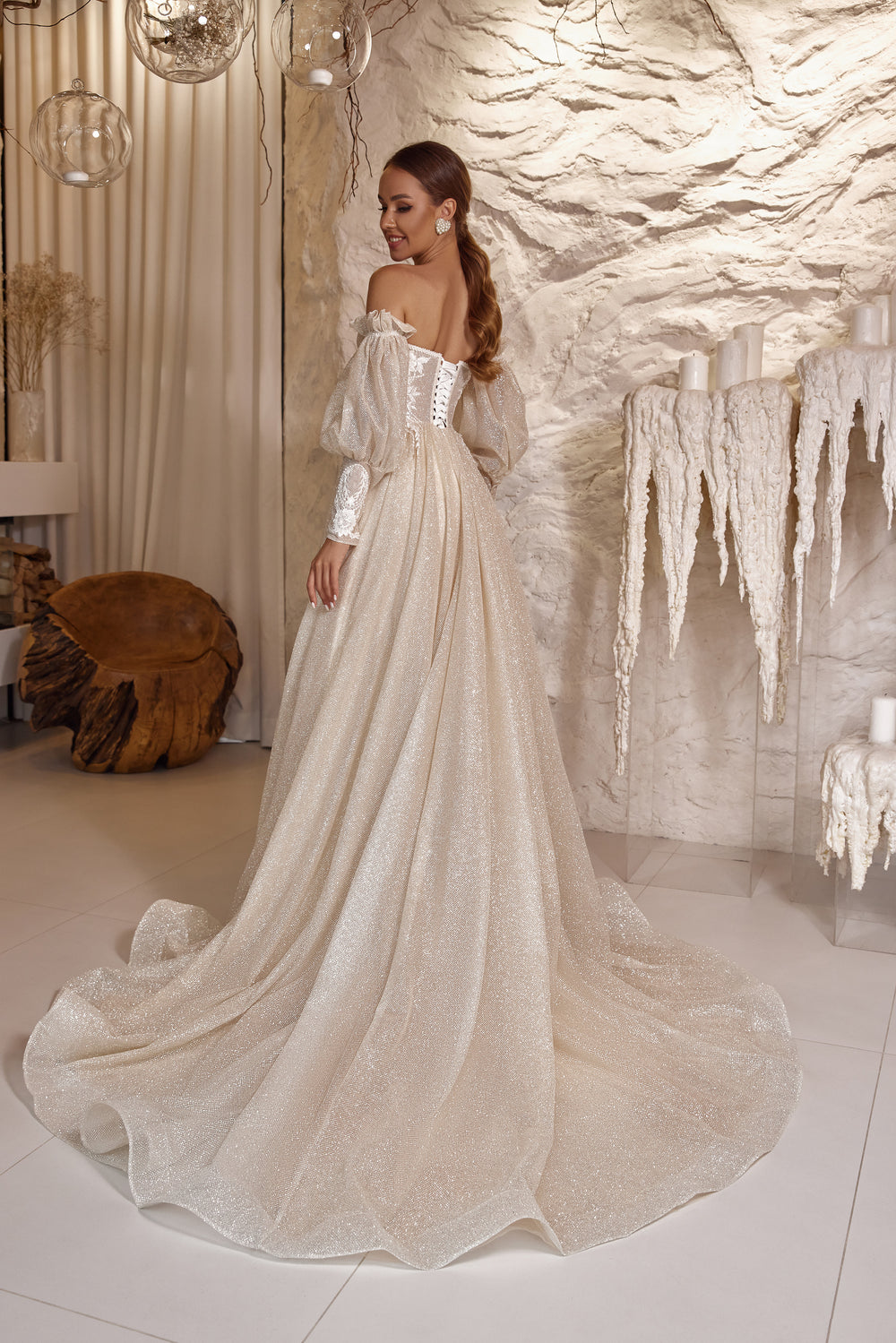 Lux A-Line Wedding Gown with Lace Appliqués and Beading, Off-the-Shoulder Neckline, Sheer Puff Sleeves, Tulle Skirt and Cathedral Train
