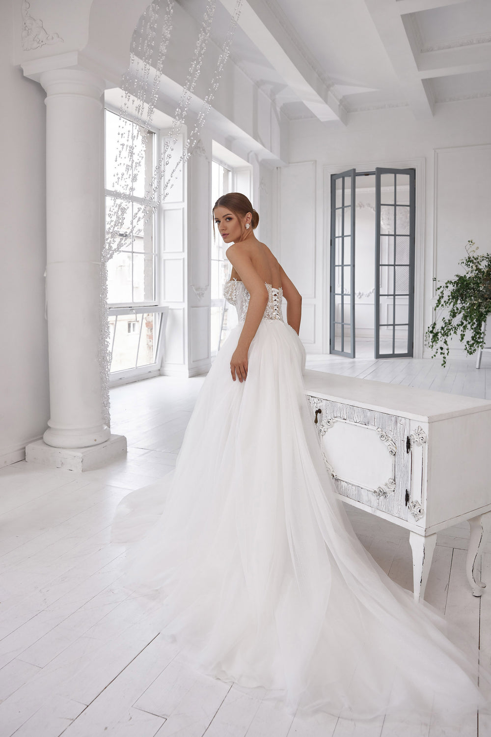 A-Line Sweetheart Wedding Dress With Tulle Lace Appliqués, Detachable Cape, Lacing Back, Lace Train
