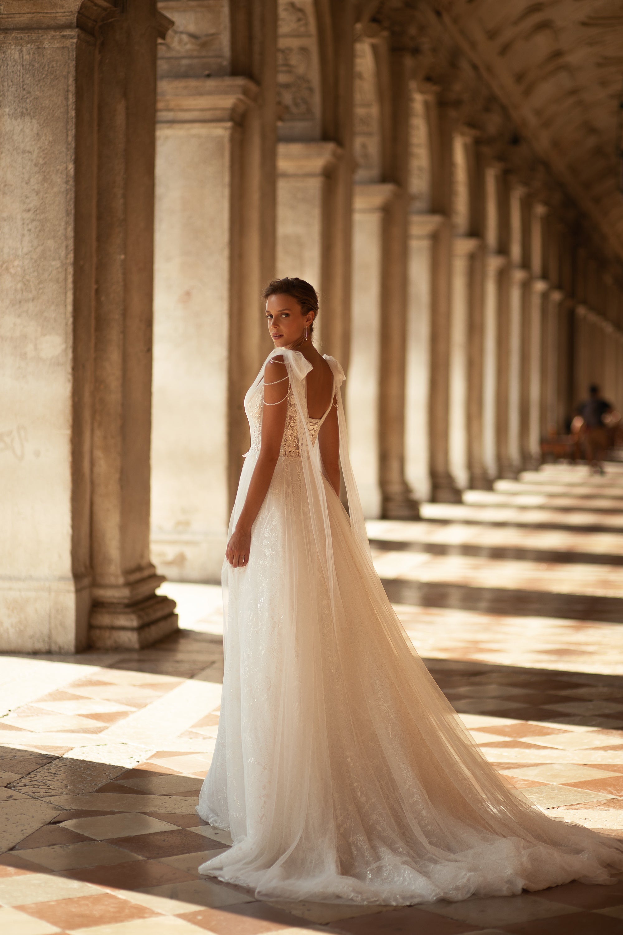A-Line Bridal Gown with Tulle Fabric, Court Train, Beaded Lace, Decorated Shoulders, Low Back, and Corset Lacing Back
