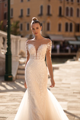 Mermaid Wedding Dress with Lace Long Sleeves, Deep V-Neck, and Tulle Train