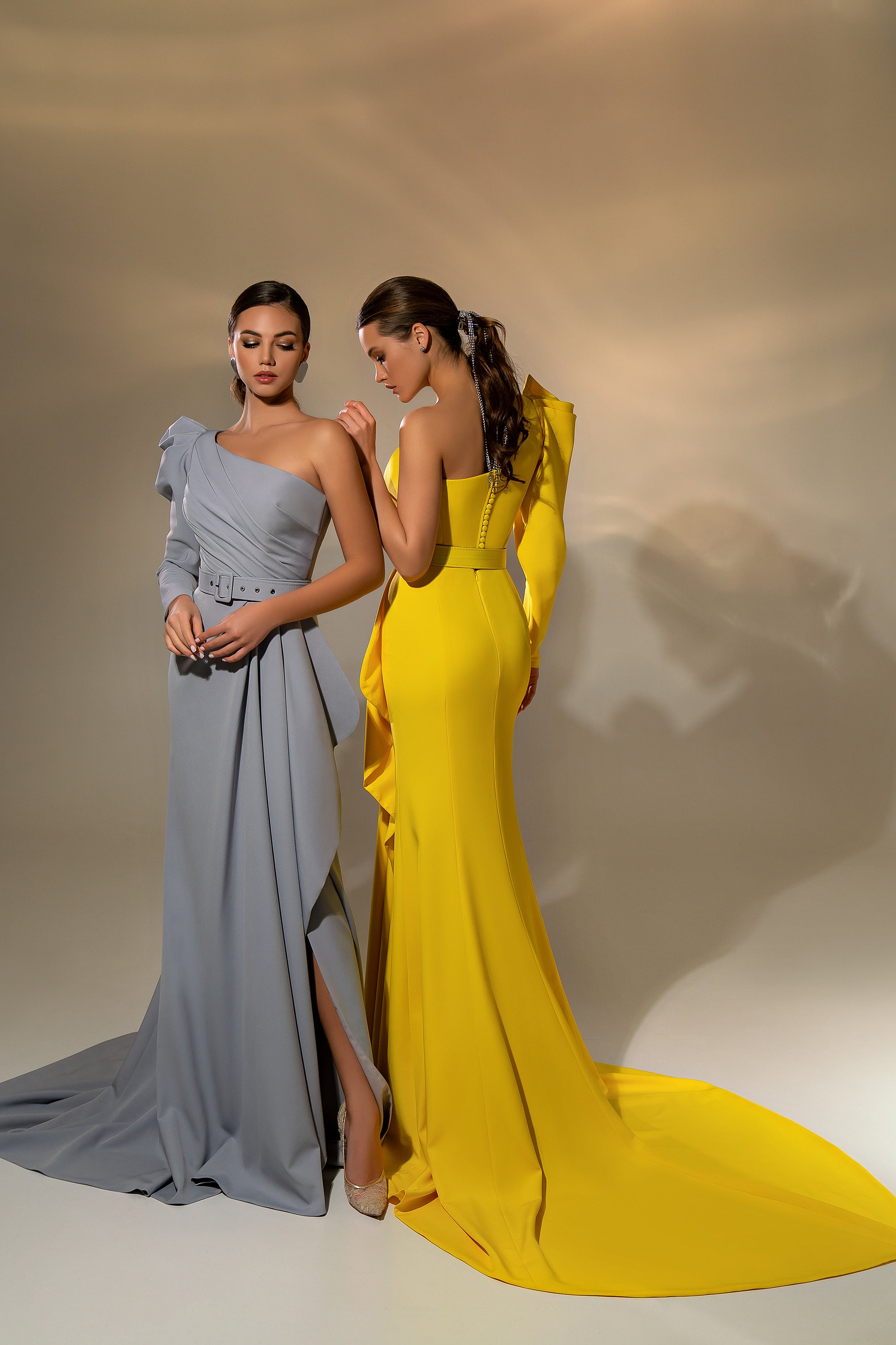 Women's Elegant Minimalist Evening Dress in Soft Stretch Crepe with Asymmetrical Corset and Wrap Skirt