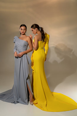 Women's Elegant Minimalist Evening Dress in Soft Stretch Crepe with Asymmetrical Corset and Wrap Skirt