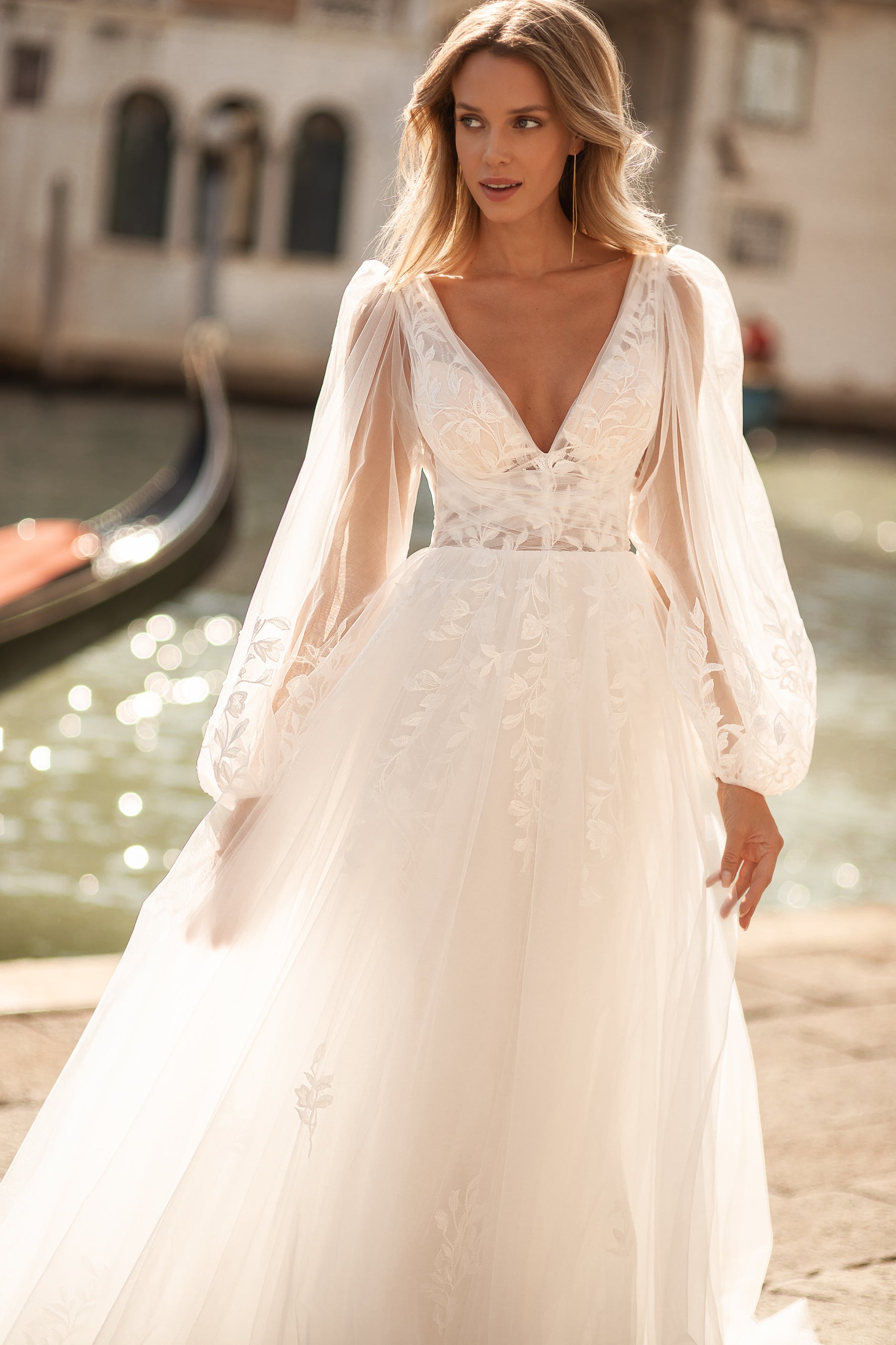 Rustic A-Line Wedding Gown with Tulle Fabric, Puffy Sleeves, V-Neck, and Open Back
