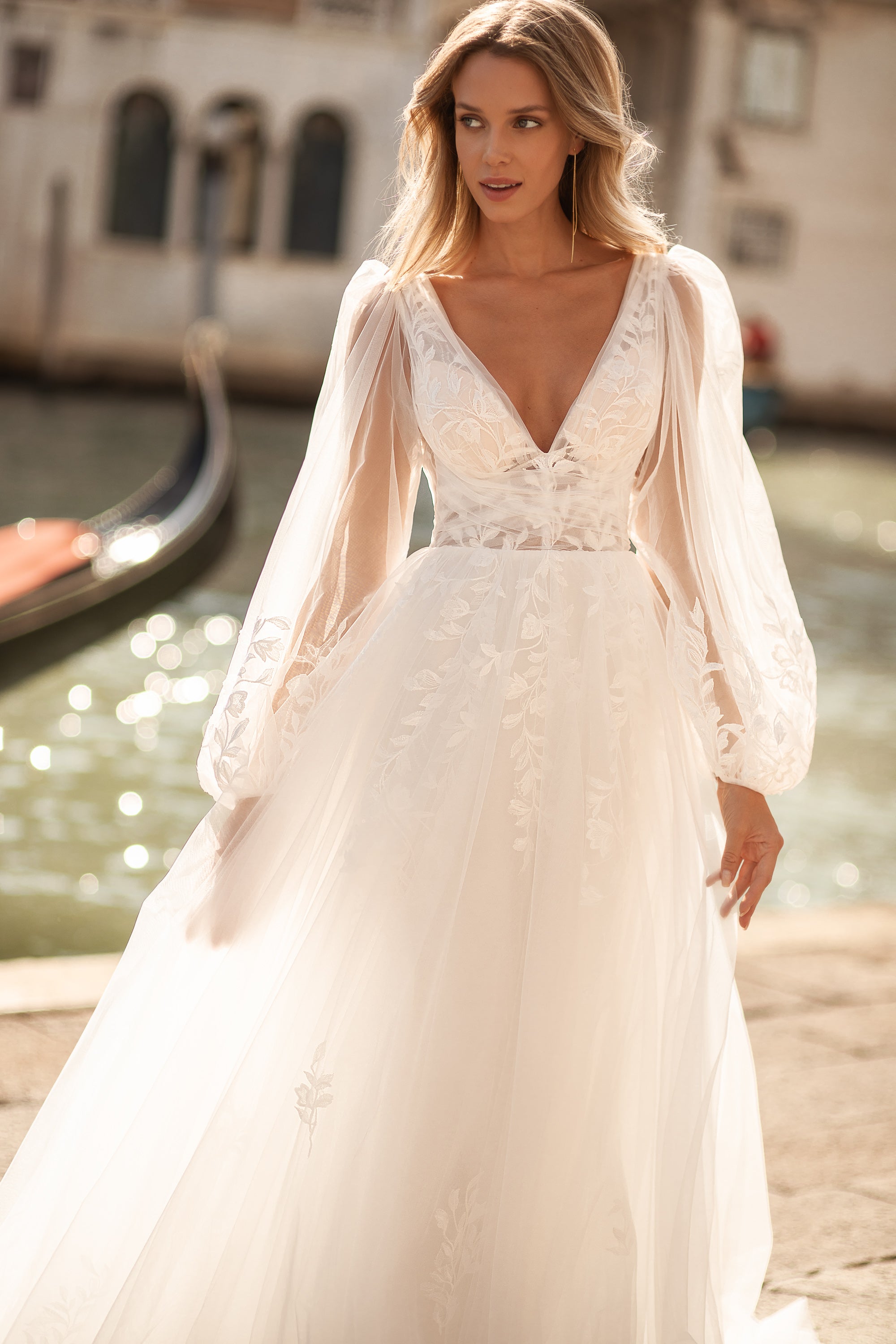 Rustic A-Line Wedding Gown with Tulle Fabric, Puffy Sleeves, V-Neck, and Open Back