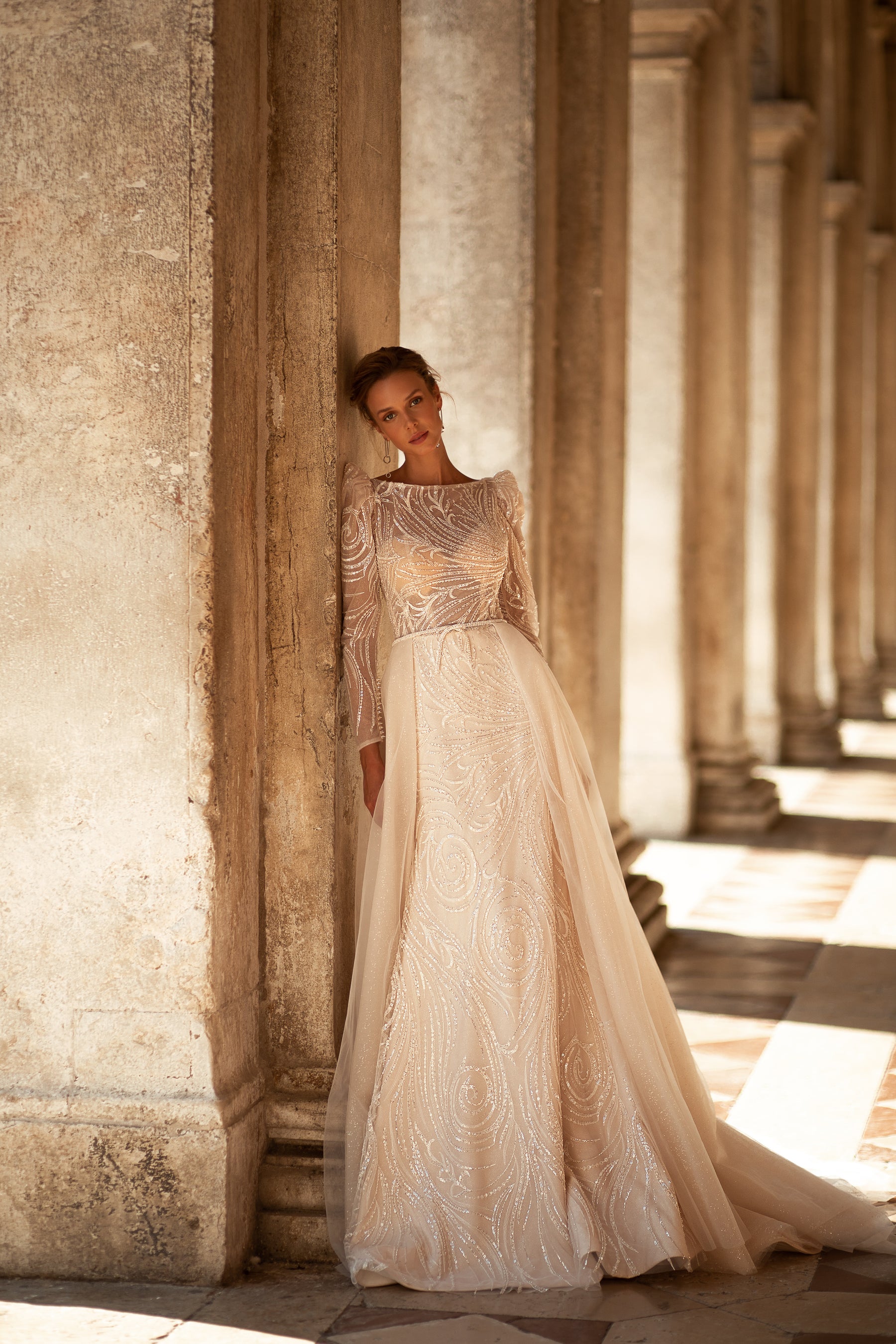Fit-and-Flare Wedding Gown with Long Sleeves and Detachable Tulle Skirt