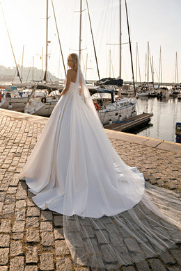 Effortless Elegance: Glittery Mikado Wedding Dress with Embroidered Beaded Guipure and Sequins Floral Pattern