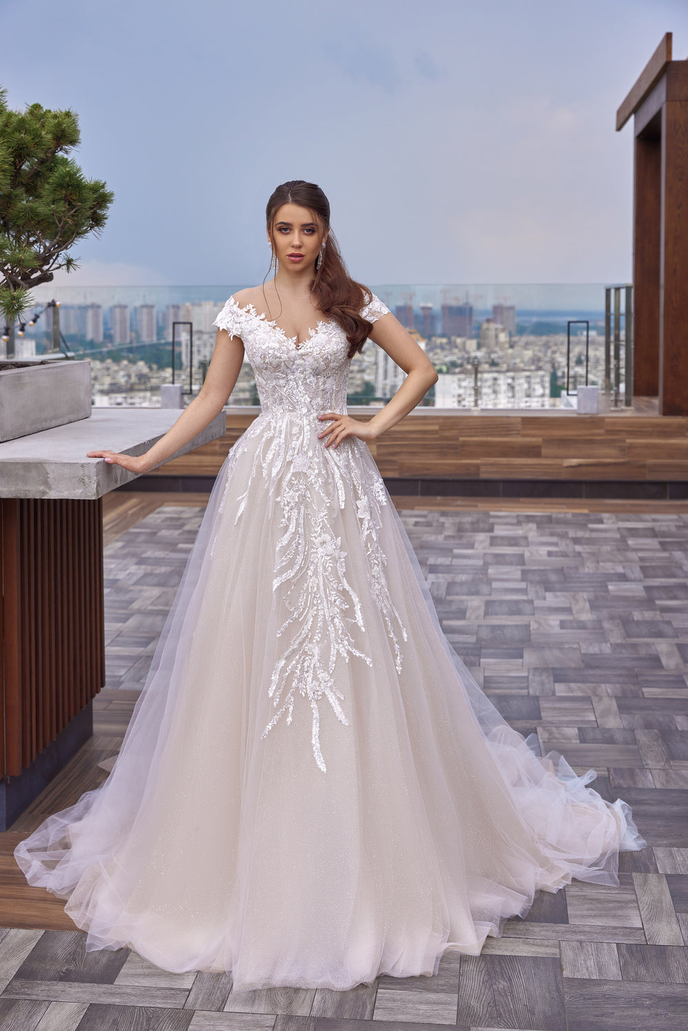 Ball Gown Wedding Dress with Lace Appliqués, Beading and Tulle Overlay, Off-the-Shoulder Neckline, Cap Sleeves, Cathedral Train