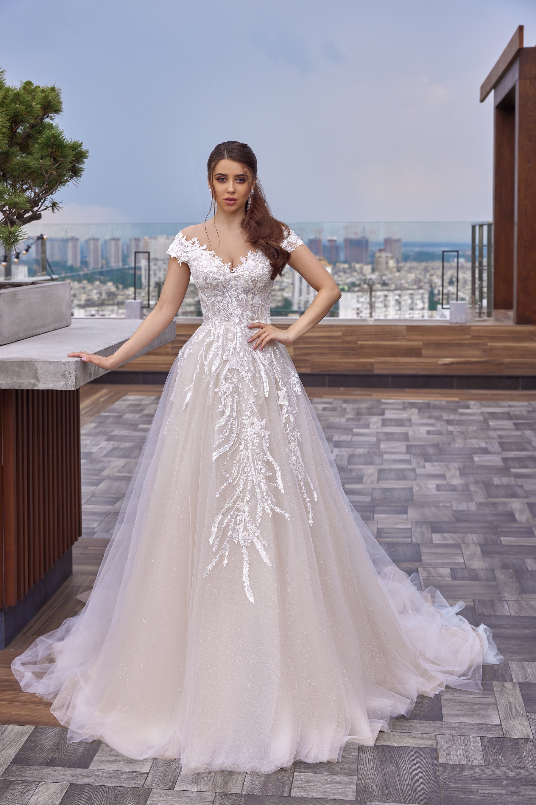 Ball Gown Wedding Dress with Lace Appliqués, Beading and Tulle Overlay, Off-the-Shoulder Neckline, Cap Sleeves, Cathedral Train