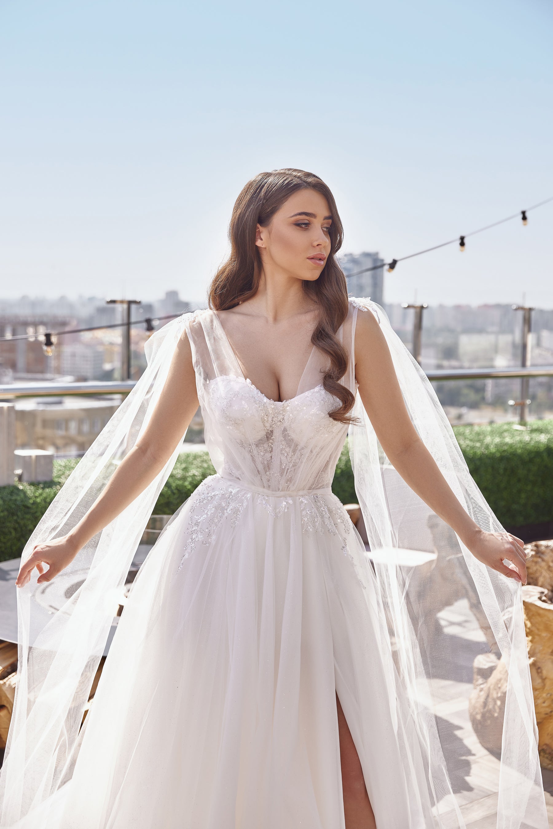 A-Line Wedding Dress with Lace Appliques and Beading, Sweetheart Neckline, Cape Sleeves, Satin and Tulle Overlay, Cathedral Train, Romantic