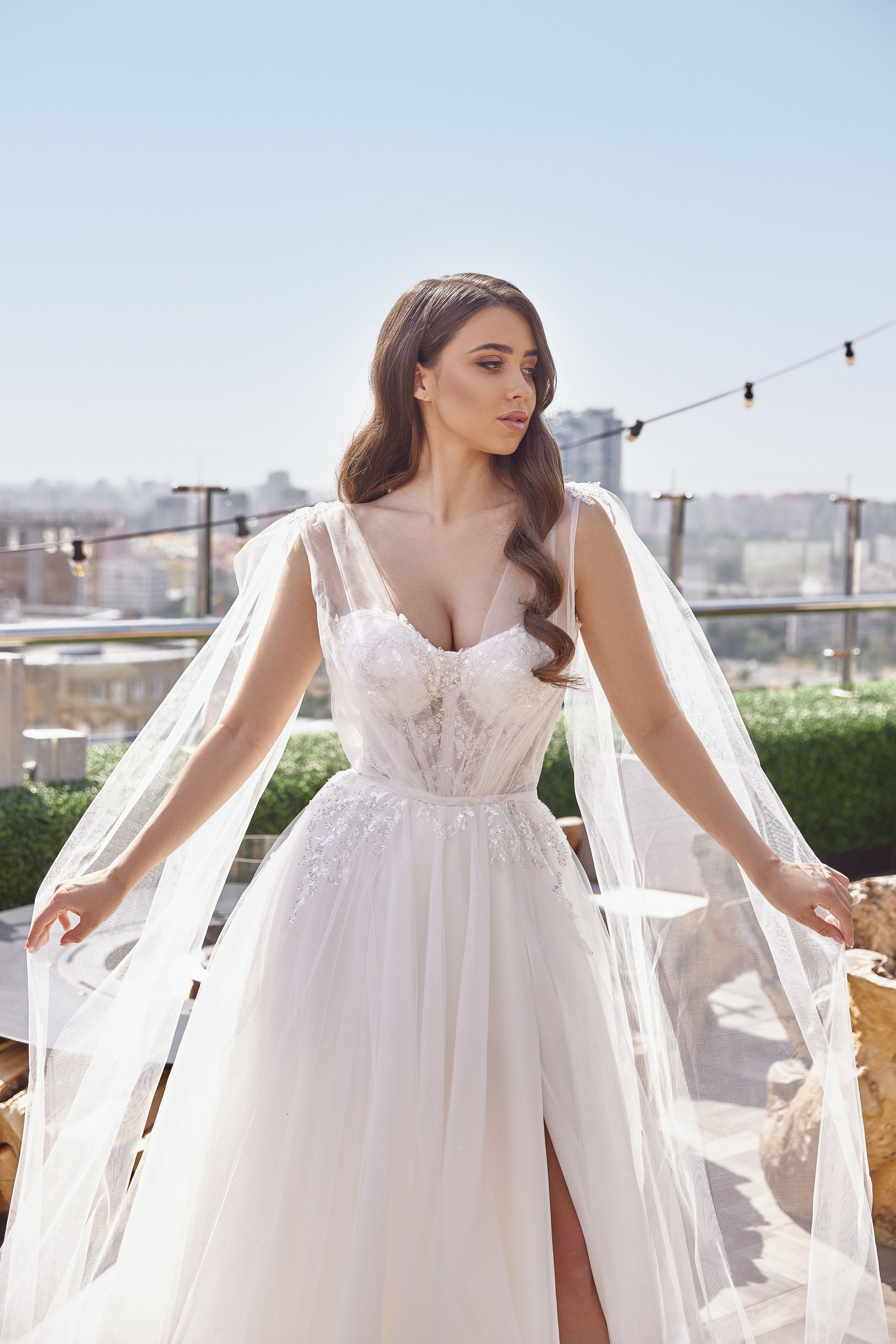 A-Line Wedding Dress with Lace Appliques and Beading, Sweetheart Neckline, Cape Sleeves, Satin and Tulle Overlay, Cathedral Train, Romantic