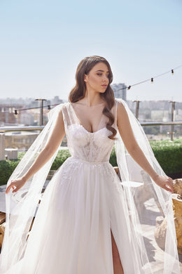A-Line Wedding Dress with Lace Appliques and Beading, Sweetheart Neckline, Cape Sleeves, Satin and Tulle Overlay, Cathedral Train, Romantic
