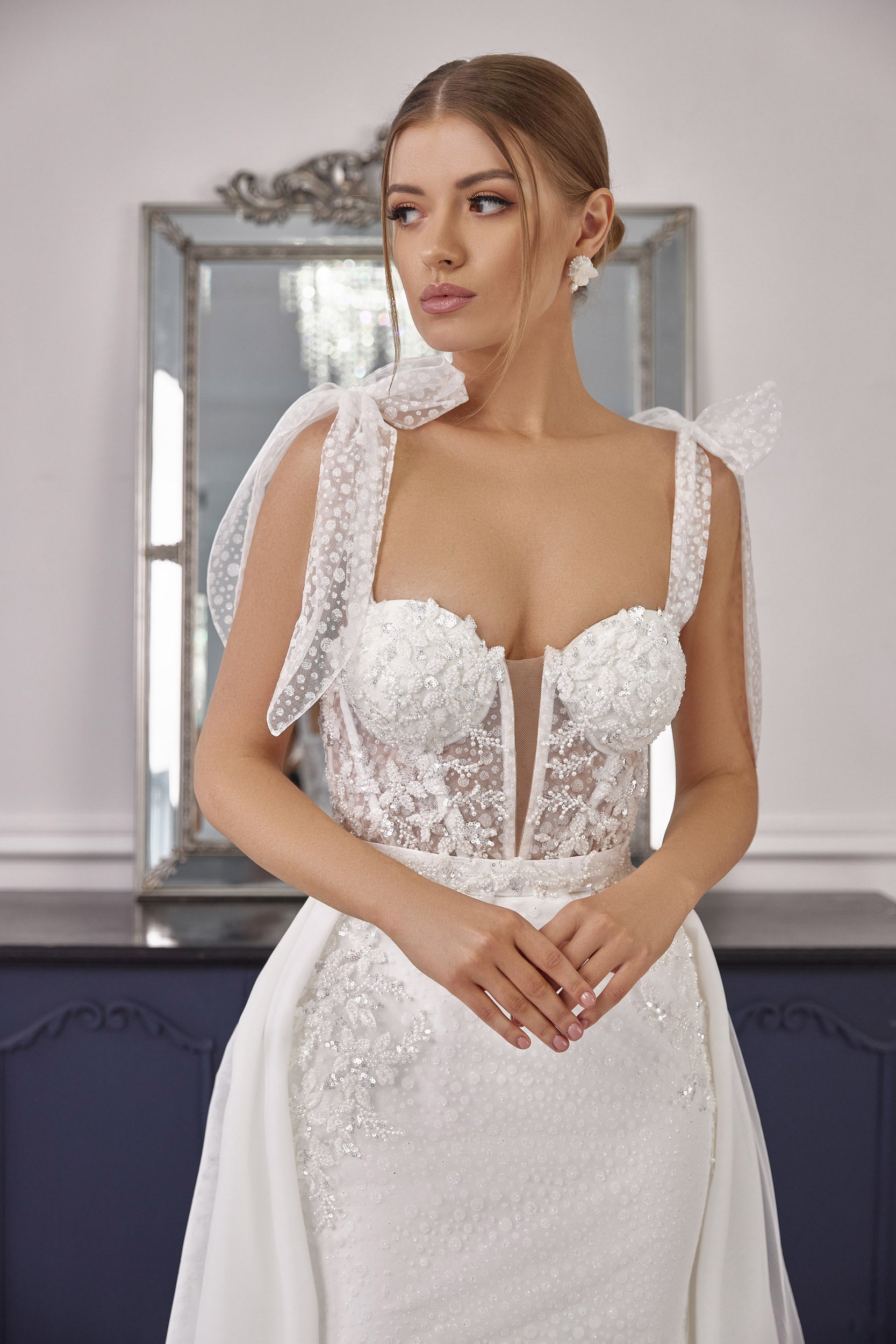 Sheath Wedding Dress with Beaded Bodice and Detachable Overskirt