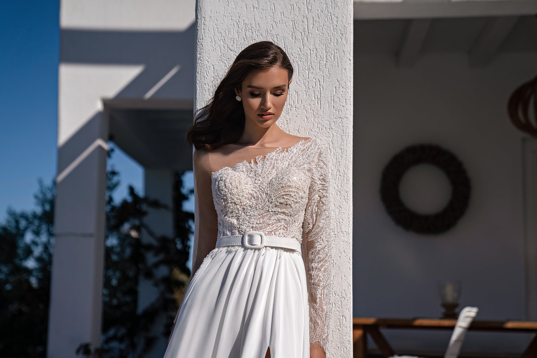 Asymmetric One-Shoulder Beaded Lace A-Line Wedding Dress with Slit