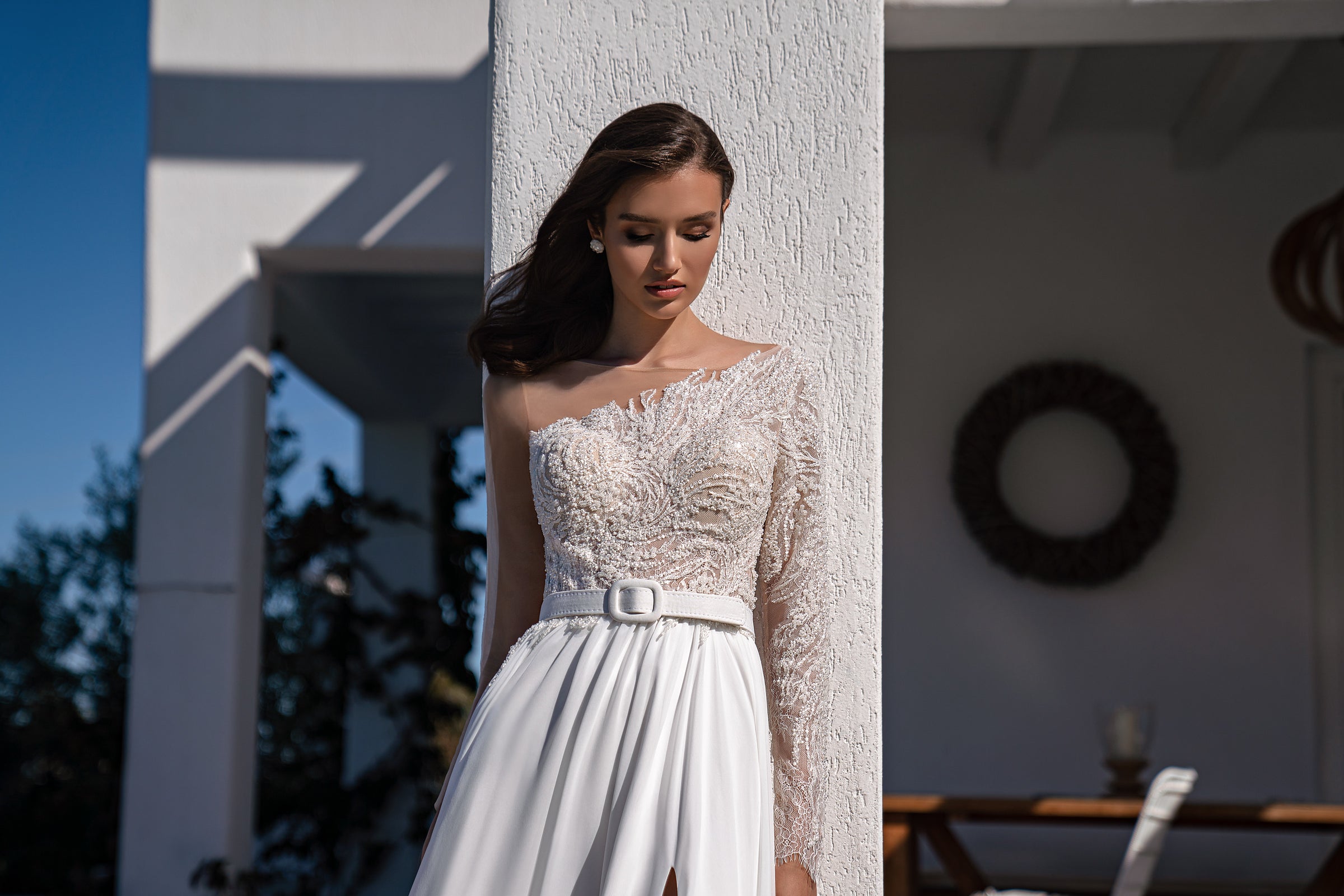Asymmetric One-Shoulder Beaded Lace A-Line Wedding Dress with Slit