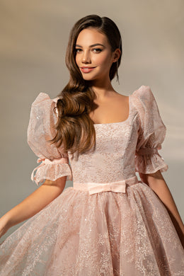 Women's Guipure Floral Patterned Cocktail Dress with Puffed Sleeves and Sequins