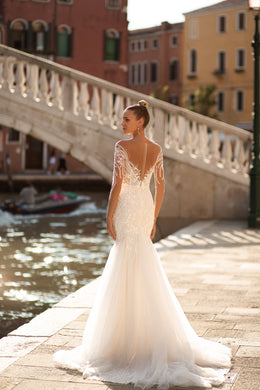 Mermaid Wedding Dress with Lace Long Sleeves, Deep V-Neck, and Tulle Train