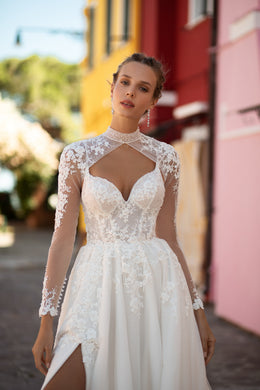 Elegant A-Line Wedding Dress with Slit Tulle Skirt, Lace Back with Buttons, Spaghetti Straps, and Detachable Cape