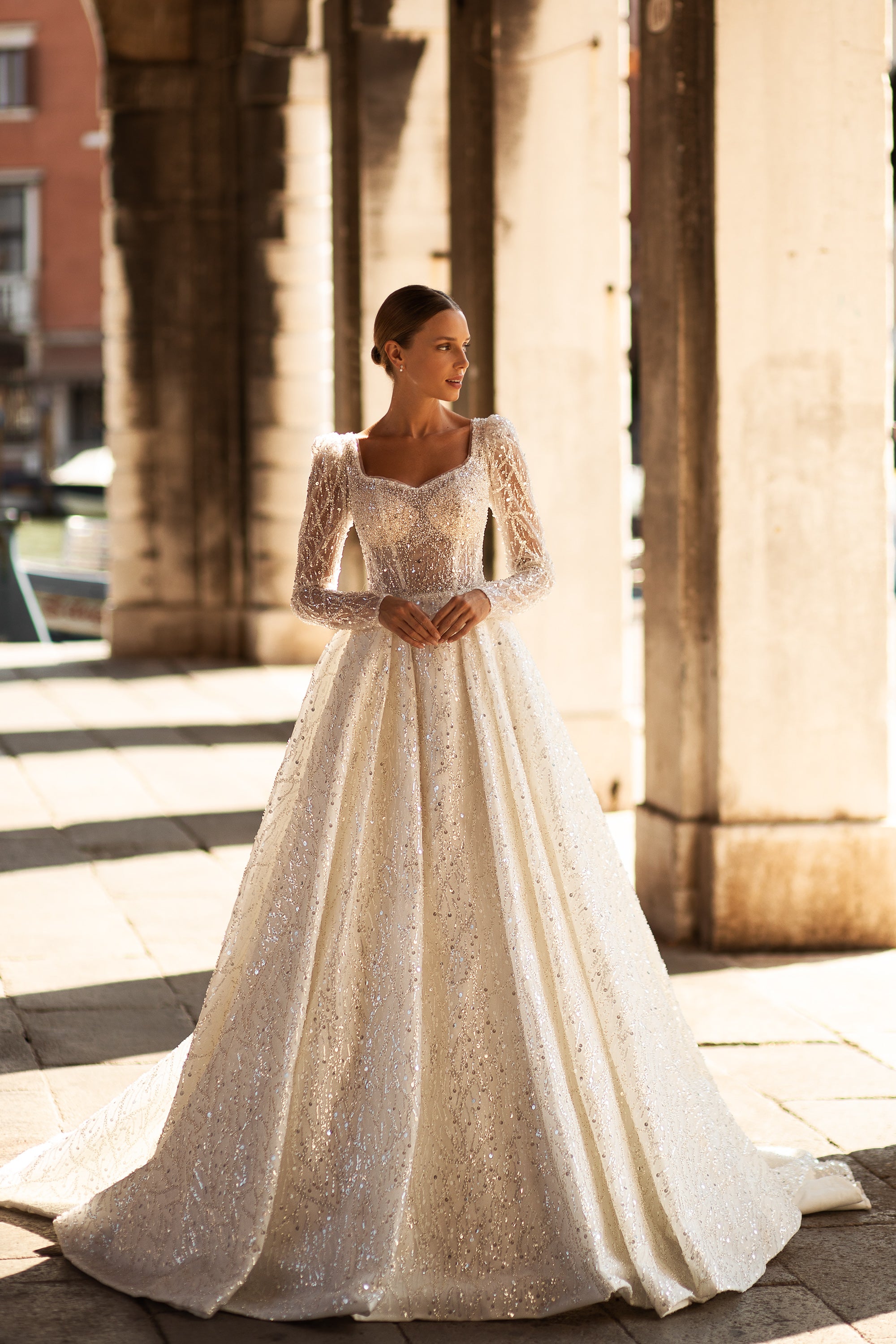 Royal Ballgown Wedding Dress with Sparkle Lace and Long Sleeves - Cathedral Style