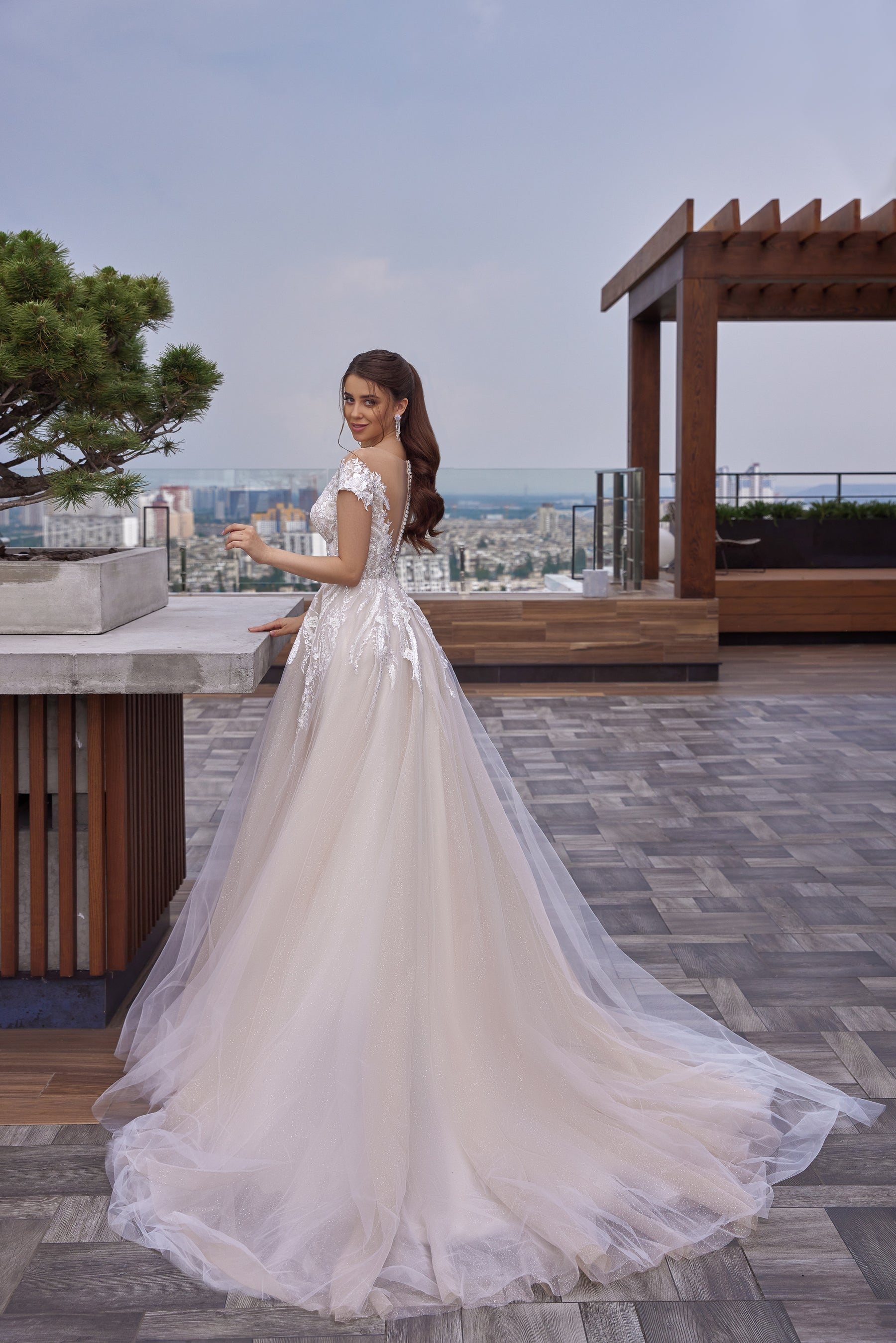 Ball Gown Wedding Dress with Lace Appliqués, Beading and Tulle Overlay, Off-the-Shoulder Neckline, Cap Sleeves, Cathedral Train