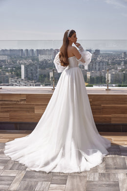 Romantic A-Line Wedding Dress With Sparkle Tulle, Beaded Bodice, Off-the-Shoulder Neckline, Sheer Puff Sleeves, Cathedral Train