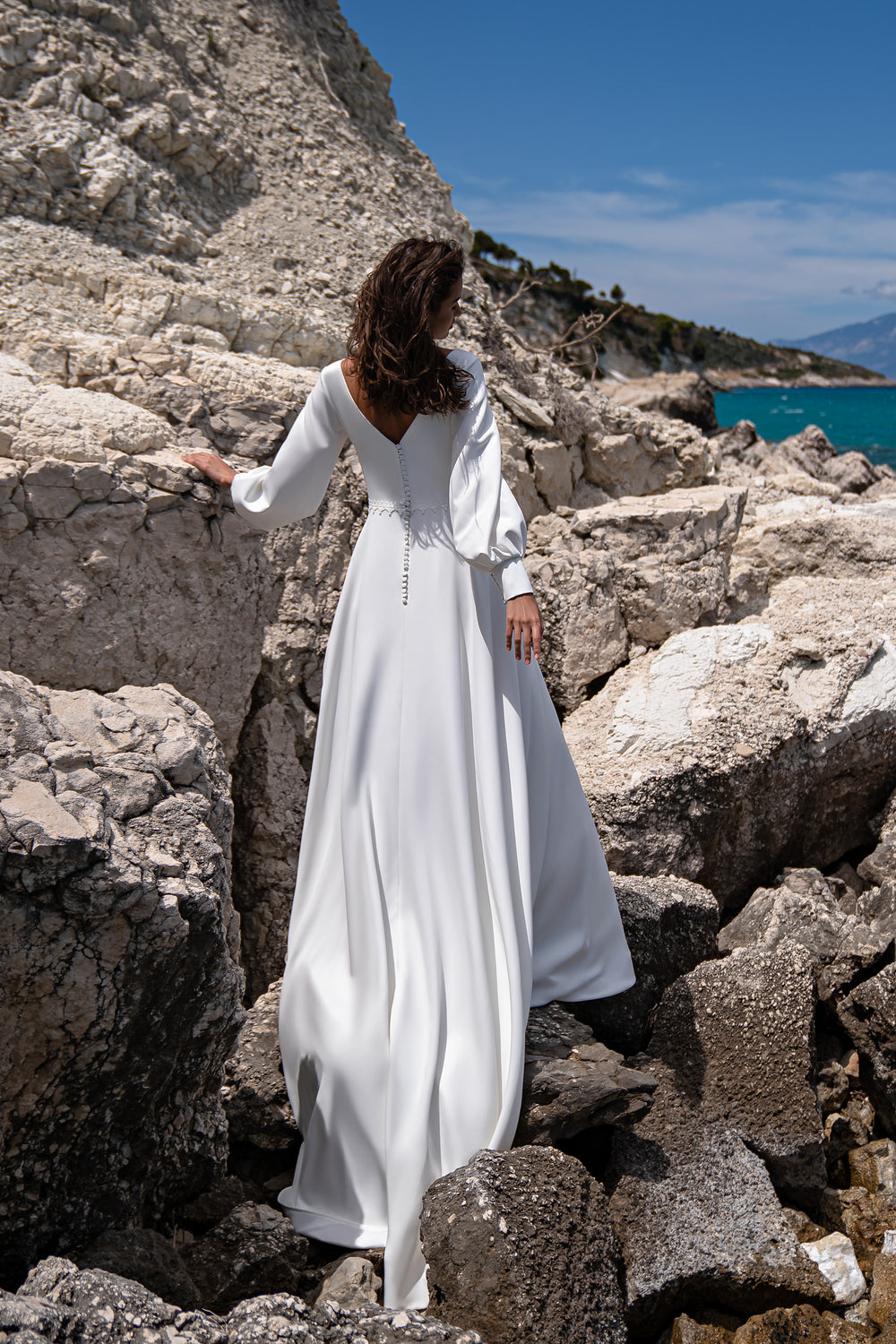 A-Line Wedding Dress with V-Necklines, Undercut, Gathered Sleeve and Luxurious Train