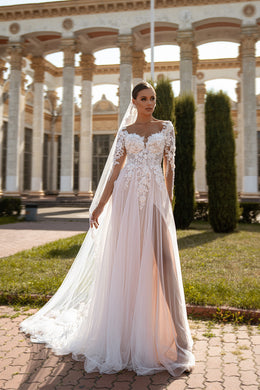 A-Line Wedding Dress with Long Lace Sleeves and Slit