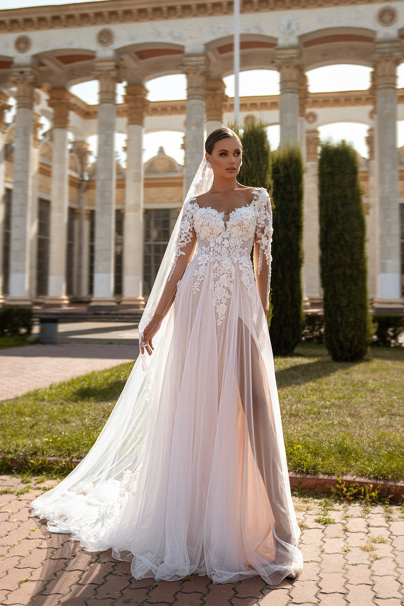 A-Line Wedding Dress with Long Lace Sleeves and Slit