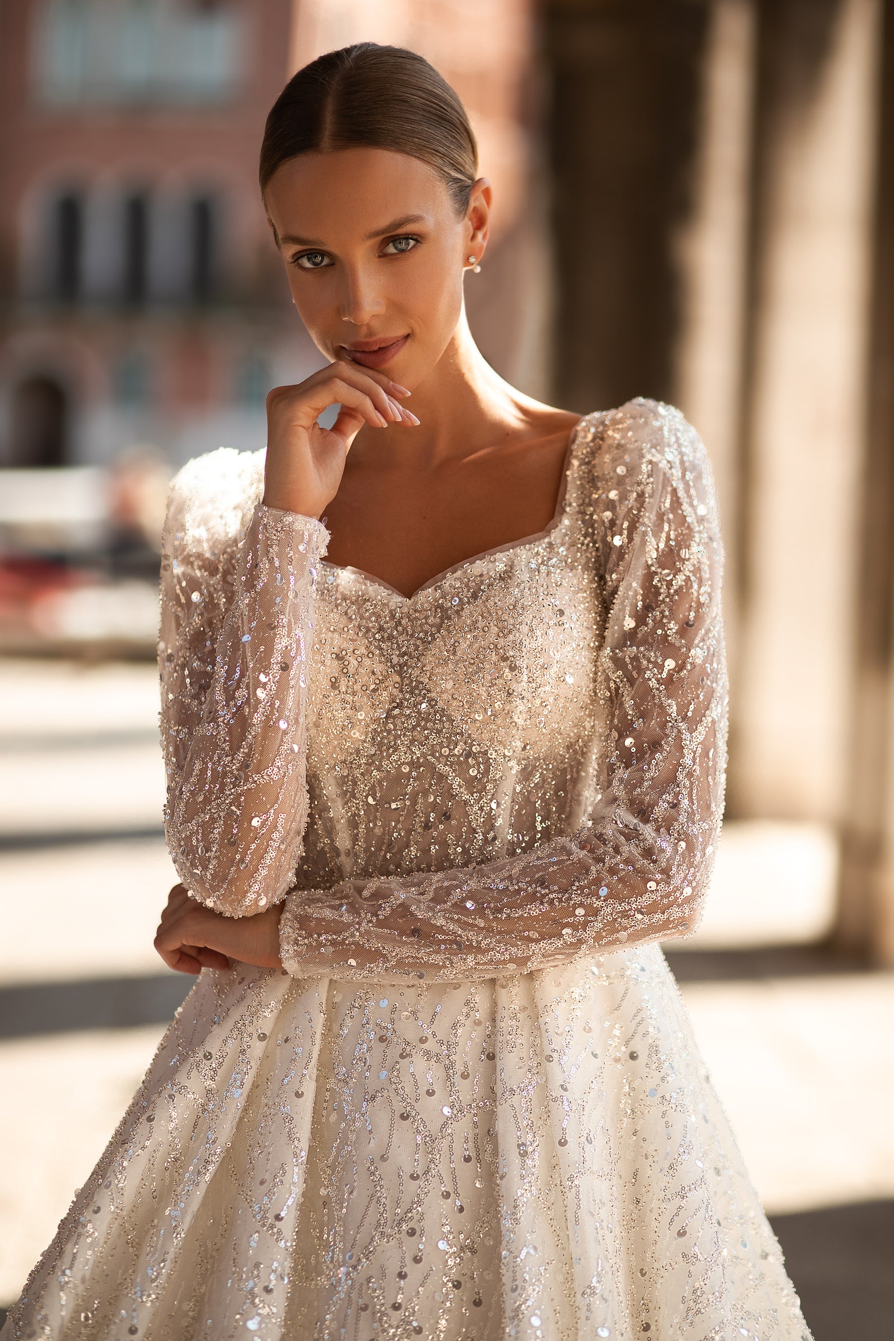 Royal Ballgown Wedding Dress with Sparkle Lace and Long Sleeves - Cathedral Style