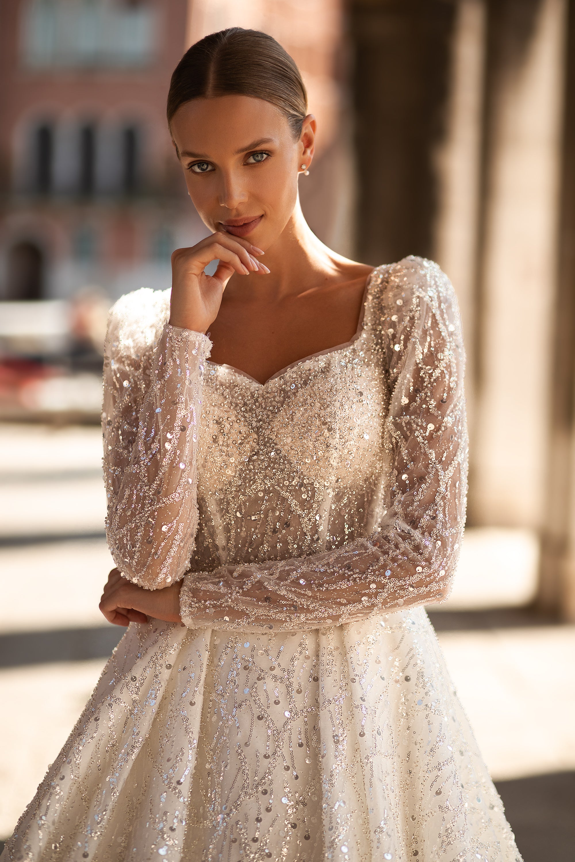 Royal Ballgown Wedding Dress with Sparkle Lace and Long Sleeves - Cathedral Style