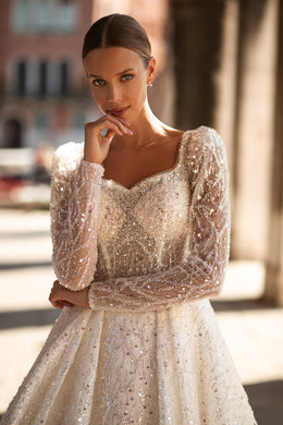 Royal Ballgown Wedding Dress with Sparkle Lace and Long Sleeves - Cathedral Style