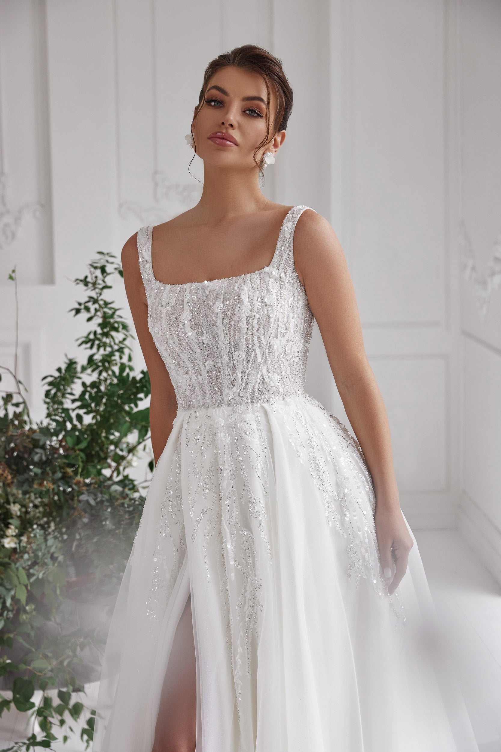 Sparkly A-Line Wedding Dress with Square Neckline