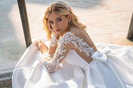 Mikado Ball Gown Wedding Dress with Lace Sleeves