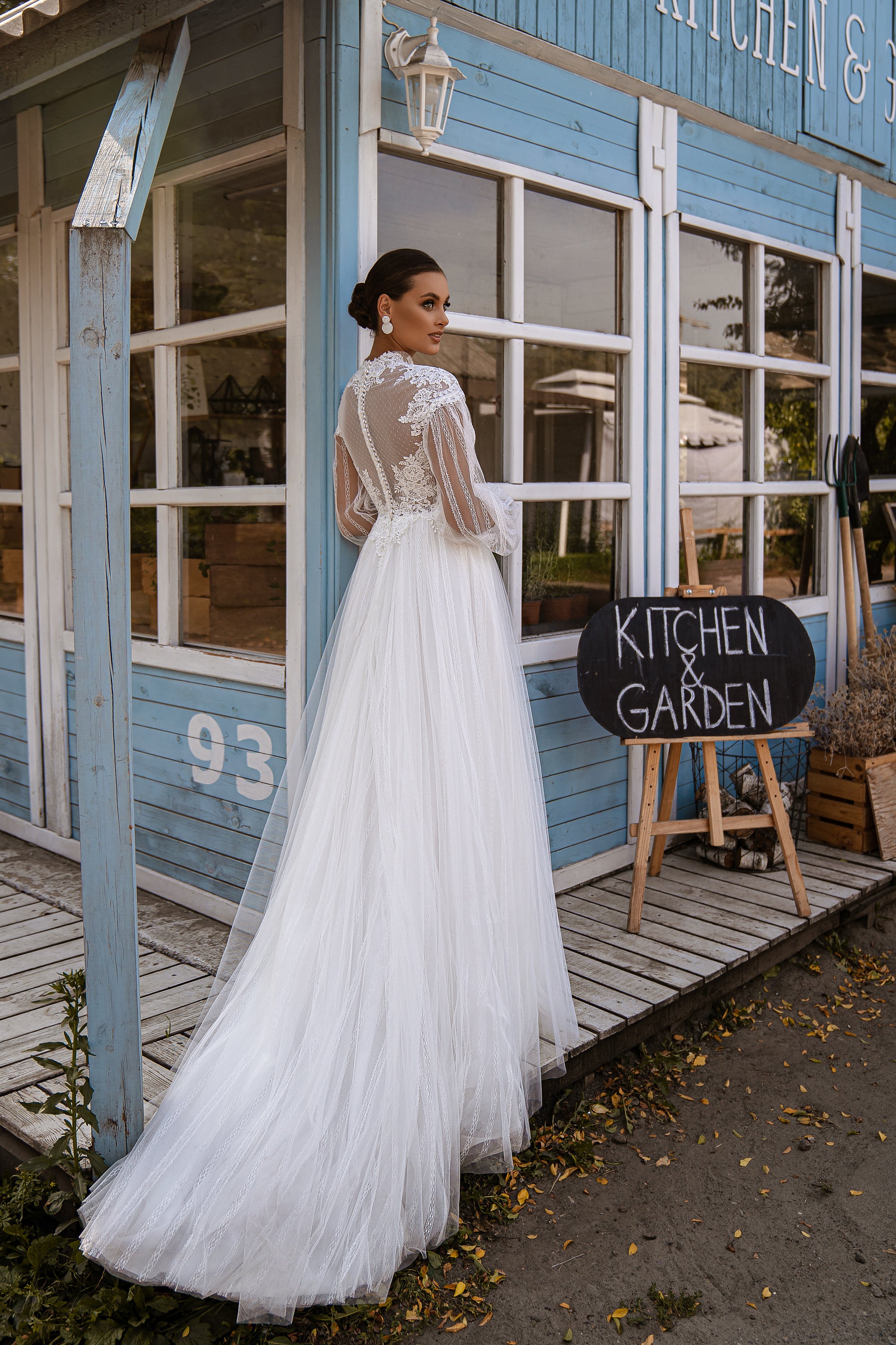 Romantic Boho Lace Wedding Dress with High Neckline and Polka Dot Tulle Skirt and Removable Balloon Sleeves
