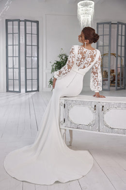 Sheath Wedding Dress with Long Lace Sleeves and Illusion V-Back